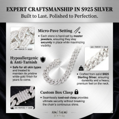 Technical infographic detailing the expert craftsmanship of the S925 sterling silver chain, highlighting the hypoallergenic anti-tarnish rhodium plating, hand-set micro-pave setting, and the heavy secure box clasp.
