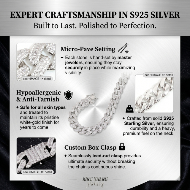 Technical infographic detailing the expert craftsmanship of the S925 sterling silver chain, highlighting the hypoallergenic anti-tarnish rhodium plating, hand-set micro-pave setting, and the heavy secure box clasp.