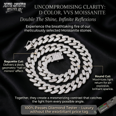Detailed diagram demonstrating the uncompromising clarity of the D-Color VVS Moissanite stones on the 14mm Cuban link chain, confirming the gem's ability to pass standard thermal diamond testers.