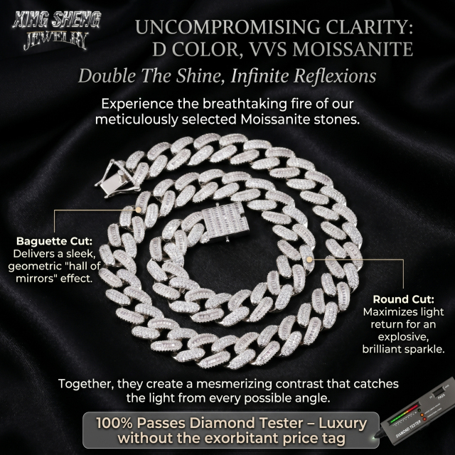 Detailed diagram demonstrating the uncompromising clarity of the D-Color VVS Moissanite stones on the 14mm Cuban link chain, confirming the gem's ability to pass standard thermal diamond testers.