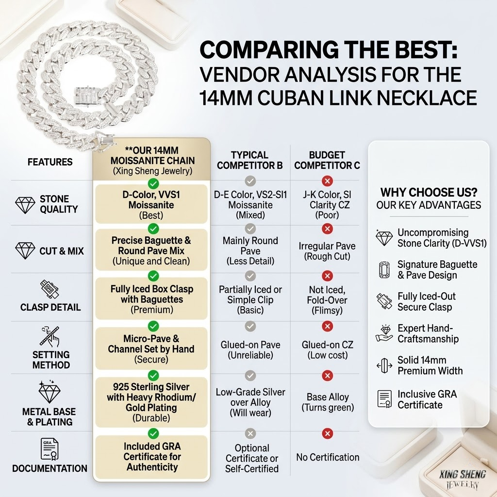 A comprehensive vendor analysis chart comparing the 14mm moissanite Cuban link necklace by Xing Sheng Jewelry with competitors. It highlights key advantages including D-Color VVS1 moissanite, precise baguette and round pave mix, hand-set micro-pave on 925 sterling silver with heavy rhodium plating, and an included GRA certificate.