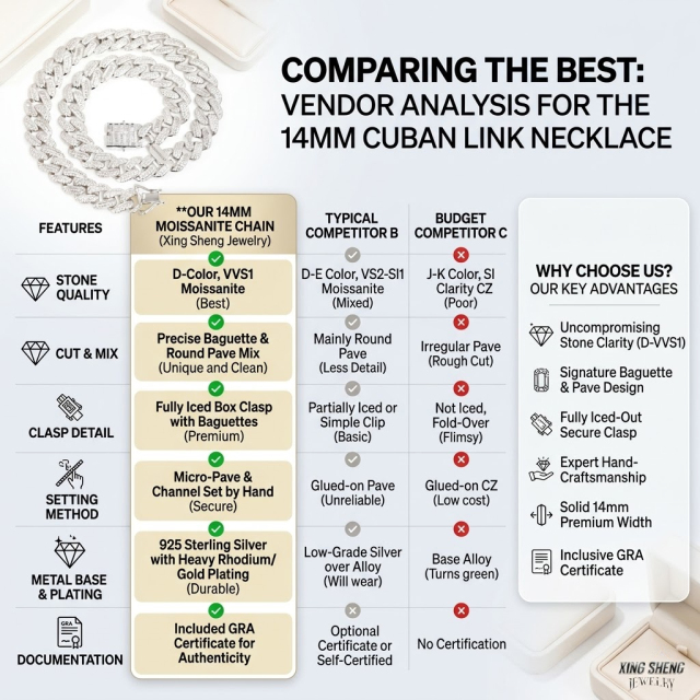 A comprehensive vendor analysis chart comparing the 14mm moissanite Cuban link necklace by Xing Sheng Jewelry with competitors. It highlights key advantages including D-Color VVS1 moissanite, precise baguette and round pave mix, hand-set micro-pave on 925 sterling silver with heavy rhodium plating, and an included GRA certificate.