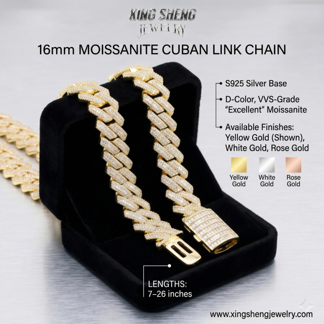 A 16mm white gold plated S925 sterling silver Cuban link chain displaying baguette and round cut moissanite stones in a luxury black presentation box.