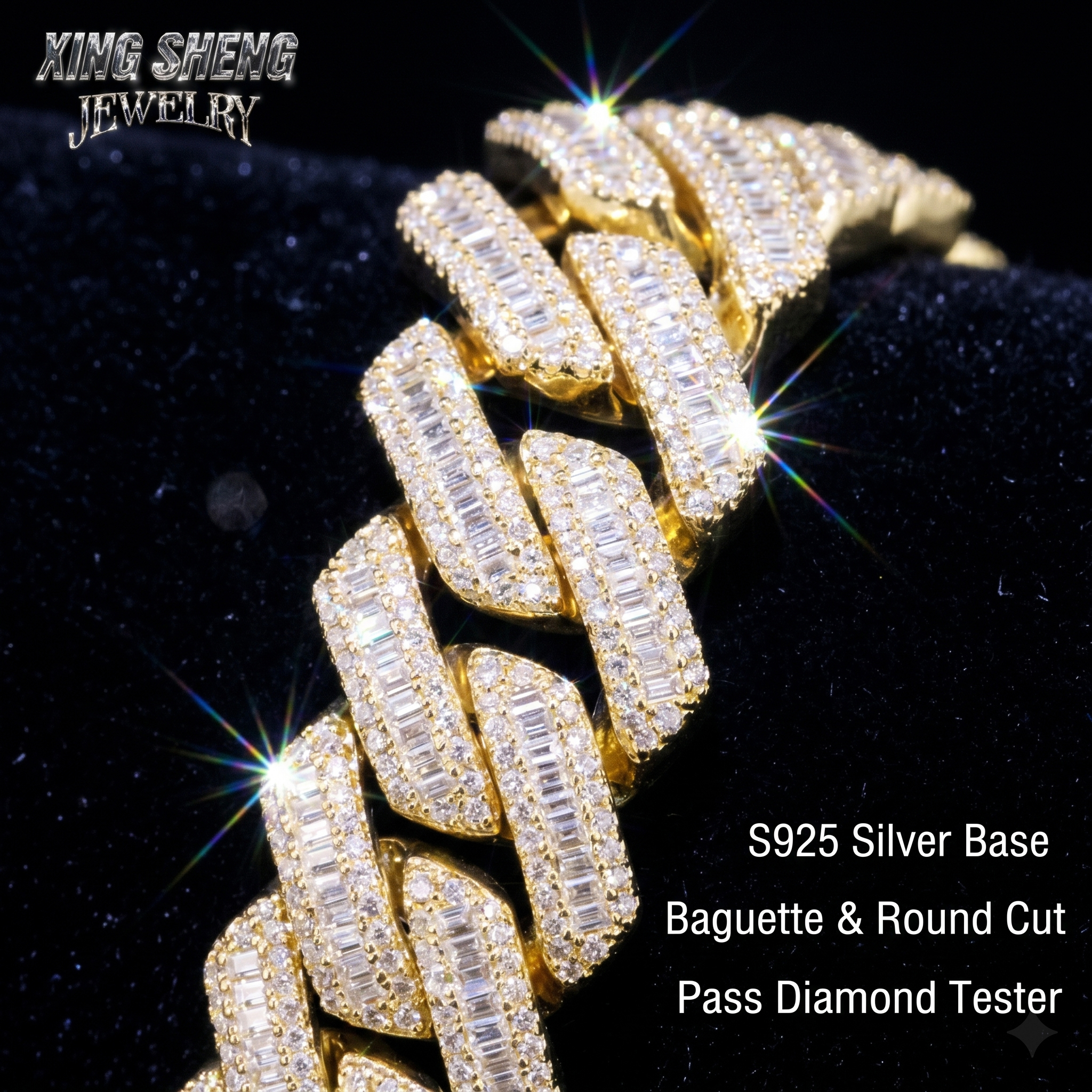 A high-magnification macro shot of alternating baguette and round cut moissanite stones verified as authentic via a thermal diamond tester.