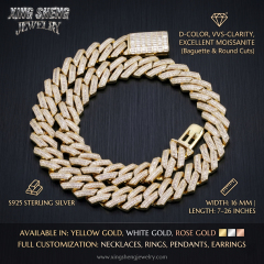 A showcase of the 16mm Moissanite Cuban link chain in yellow gold, white gold, and rose gold finishes alongside details for full customization.