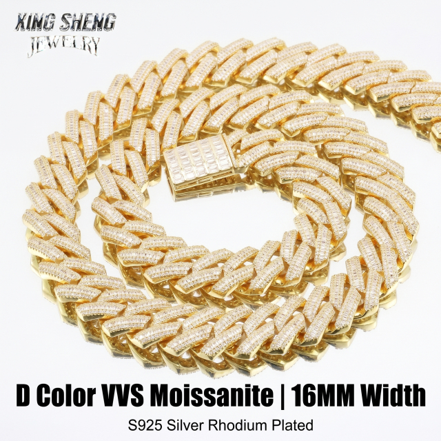 A fully coiled 16mm D-color VVS moissanite Cuban link necklace featuring a heavy S925 sterling silver base with rhodium plating.