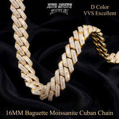 Close-up view of a 16mm D-color VVS excellent baguette cut moissanite Cuban link necklace highlighting the high-intensity light refraction.