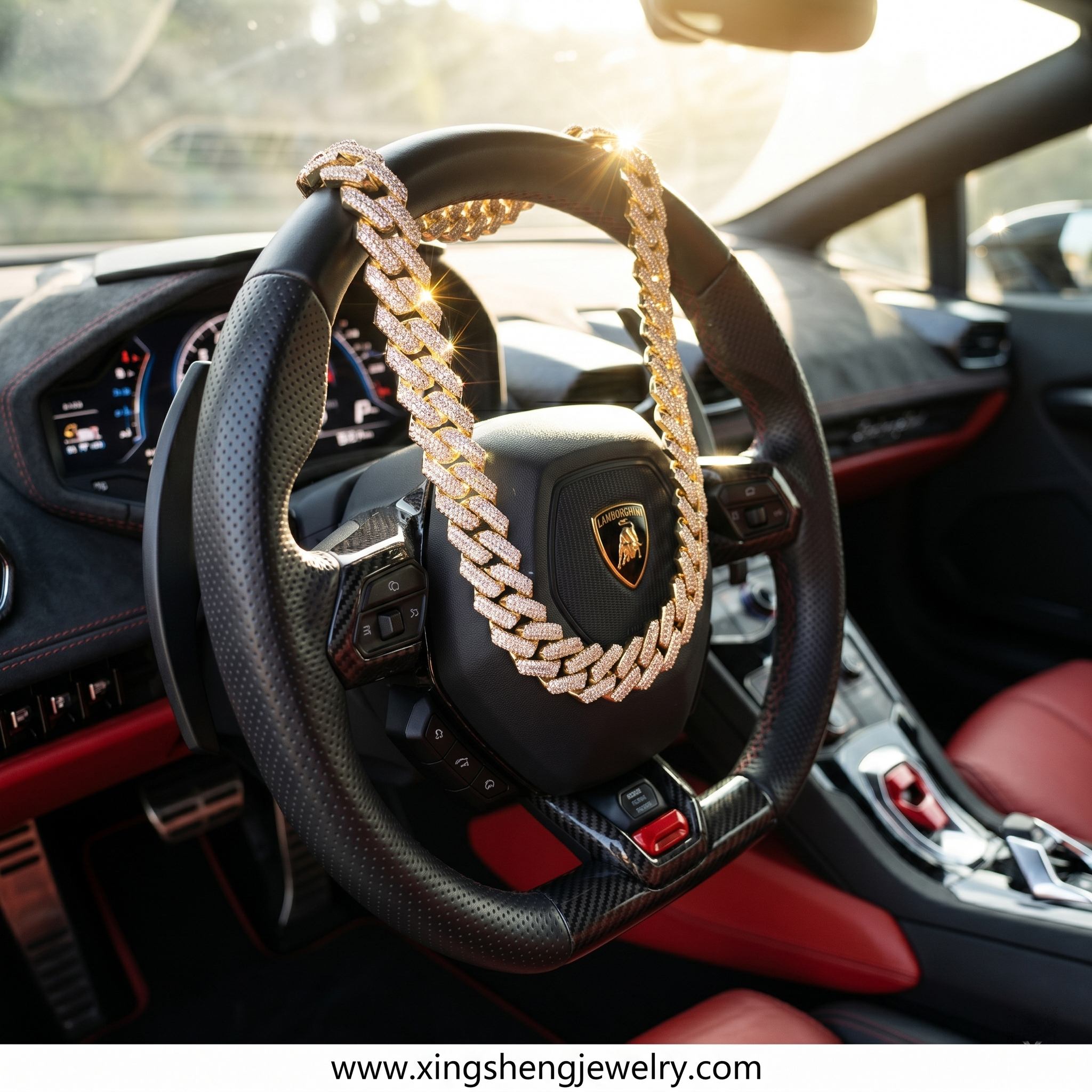 A 16mm yellow gold plated moissanite Cuban link chain draped elegantly over a leather-trimmed Lamborghini steering wheel, conveying high-end lifestyle appeal.
