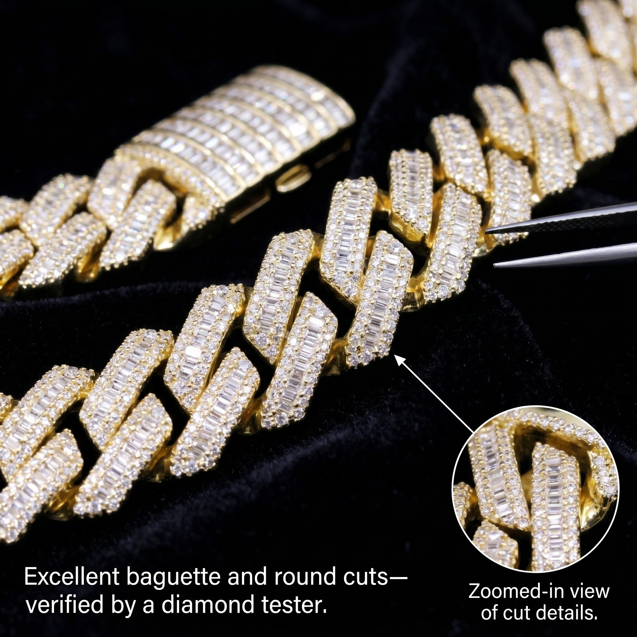 An artisan utilizing fine jewelry tweezers to demonstrate the seamless alignment and secure prong setting of the baguette cut moissanite stones.