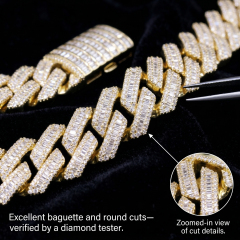 An artisan utilizing fine jewelry tweezers to demonstrate the seamless alignment and secure prong setting of the baguette cut moissanite stones.