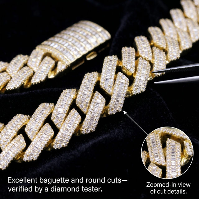 An artisan utilizing fine jewelry tweezers to demonstrate the seamless alignment and secure prong setting of the baguette cut moissanite stones.
