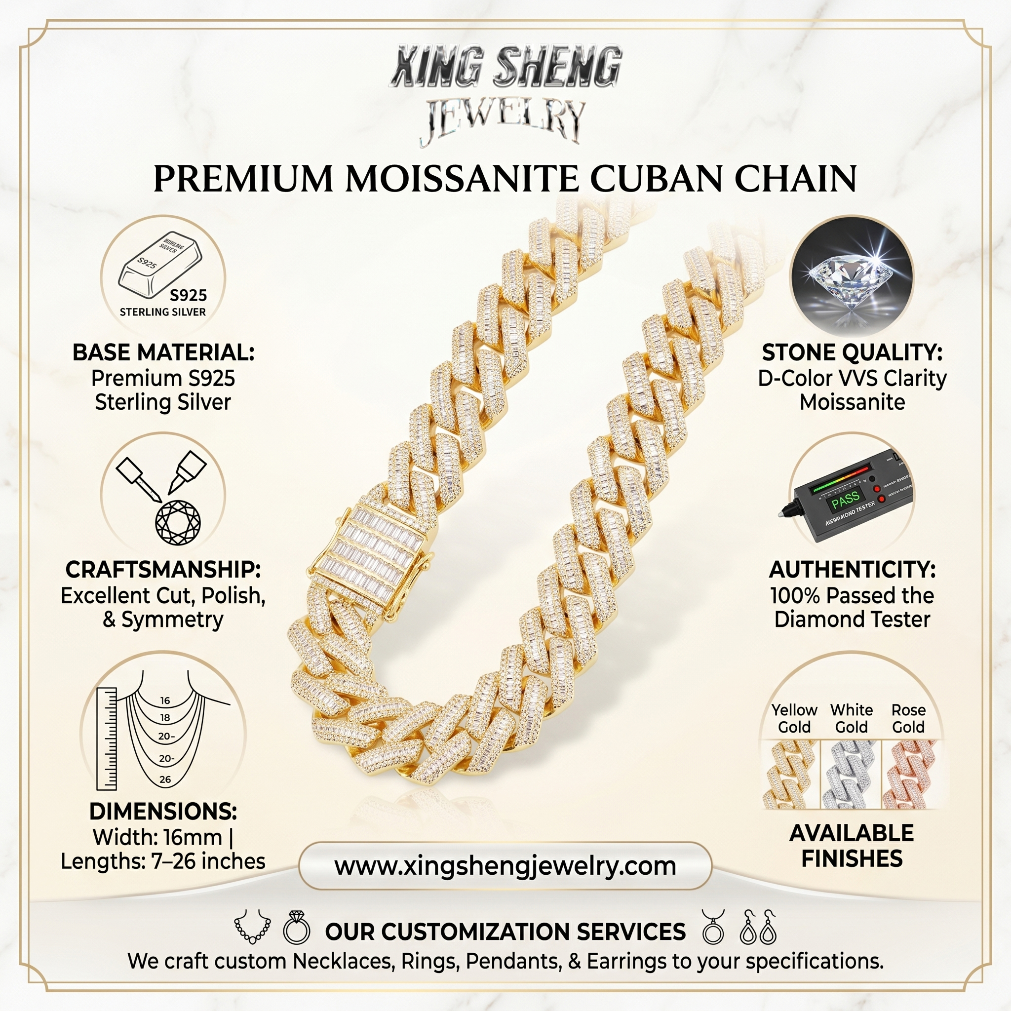 A technical diagram showcasing a 16mm Moissanite Cuban chain with callouts for S925 base metal, excellent cut craftsmanship, and custom finishes.