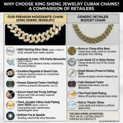 Infographic comparing Xing Sheng Jewelry's premium S925 silver moissanite Cuban chains with generic budget retail chains, highlighting authentic D-Color VVS moissanite, secure hand-set baguette and round cuts, thick gold plating, and guaranteed diamond tester pass.