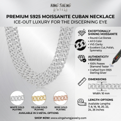 Detailed infographic of the premium iced-out moissanite Cuban necklace, illustrating 10mm width, 7 to 26-inch length options, exceptionally shining round-cut stones, and S925 silver base.