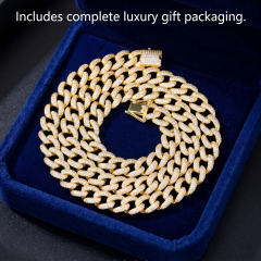 Premium 10mm yellow gold plated moissanite Cuban link chain resting inside a luxury blue velvet gift box, showcasing high-end streetwear jewelry packaging.