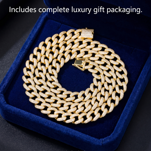 Premium 10mm yellow gold plated moissanite Cuban link chain resting inside a luxury blue velvet gift box, showcasing high-end streetwear jewelry packaging.