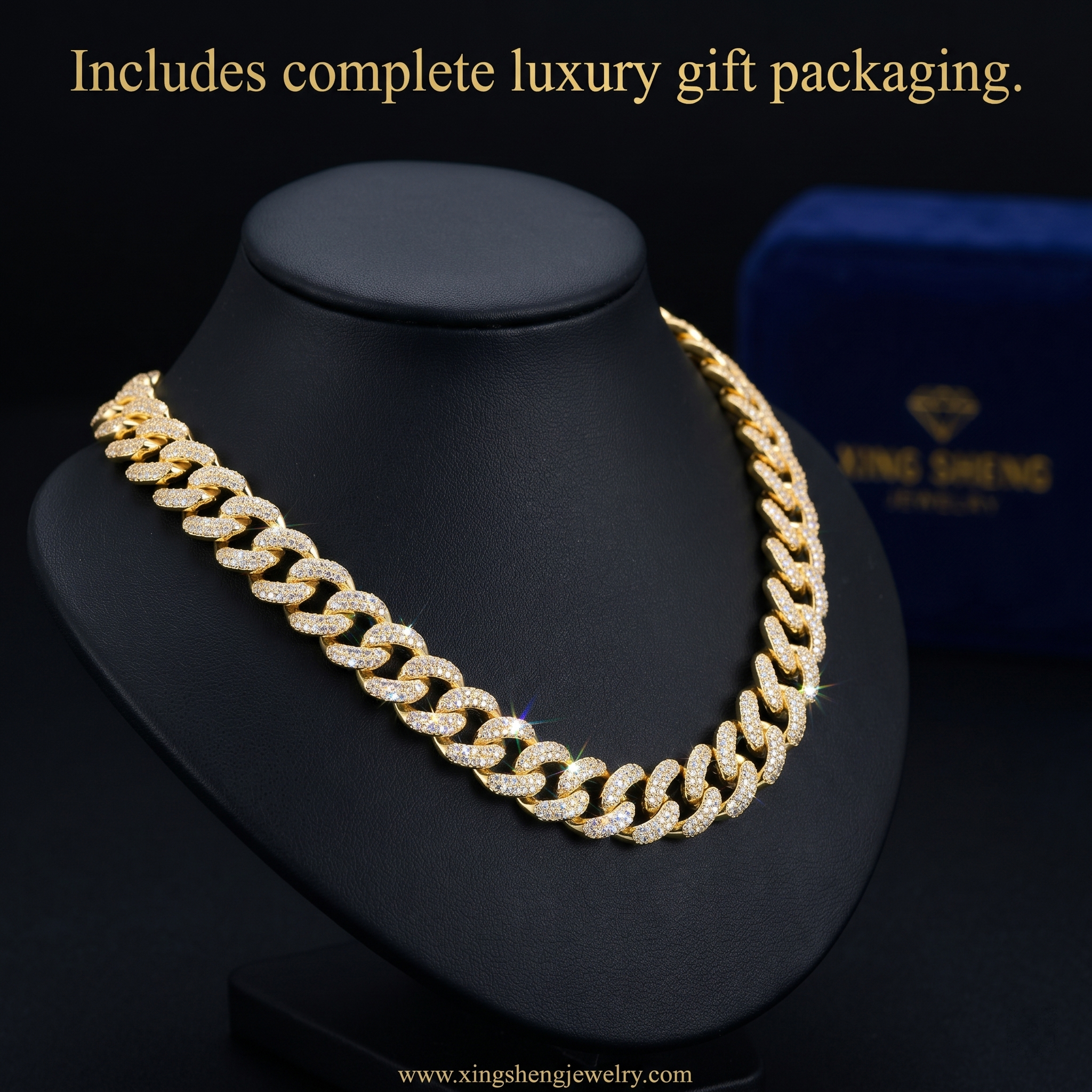 Elegant presentation of an 18K yellow gold plated 10mm moissanite Cuban link necklace draped perfectly on a black jewelry bust, accompanied by luxury gift packaging.