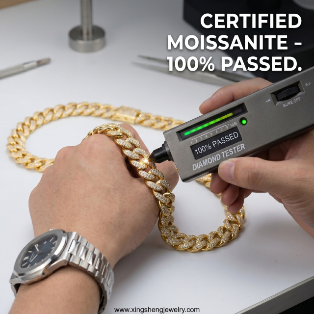 A certified 10mm yellow gold moissanite Cuban link necklace successfully passing a thermal diamond tester with a 100% verification, proving its authenticity and high thermal conductivity.