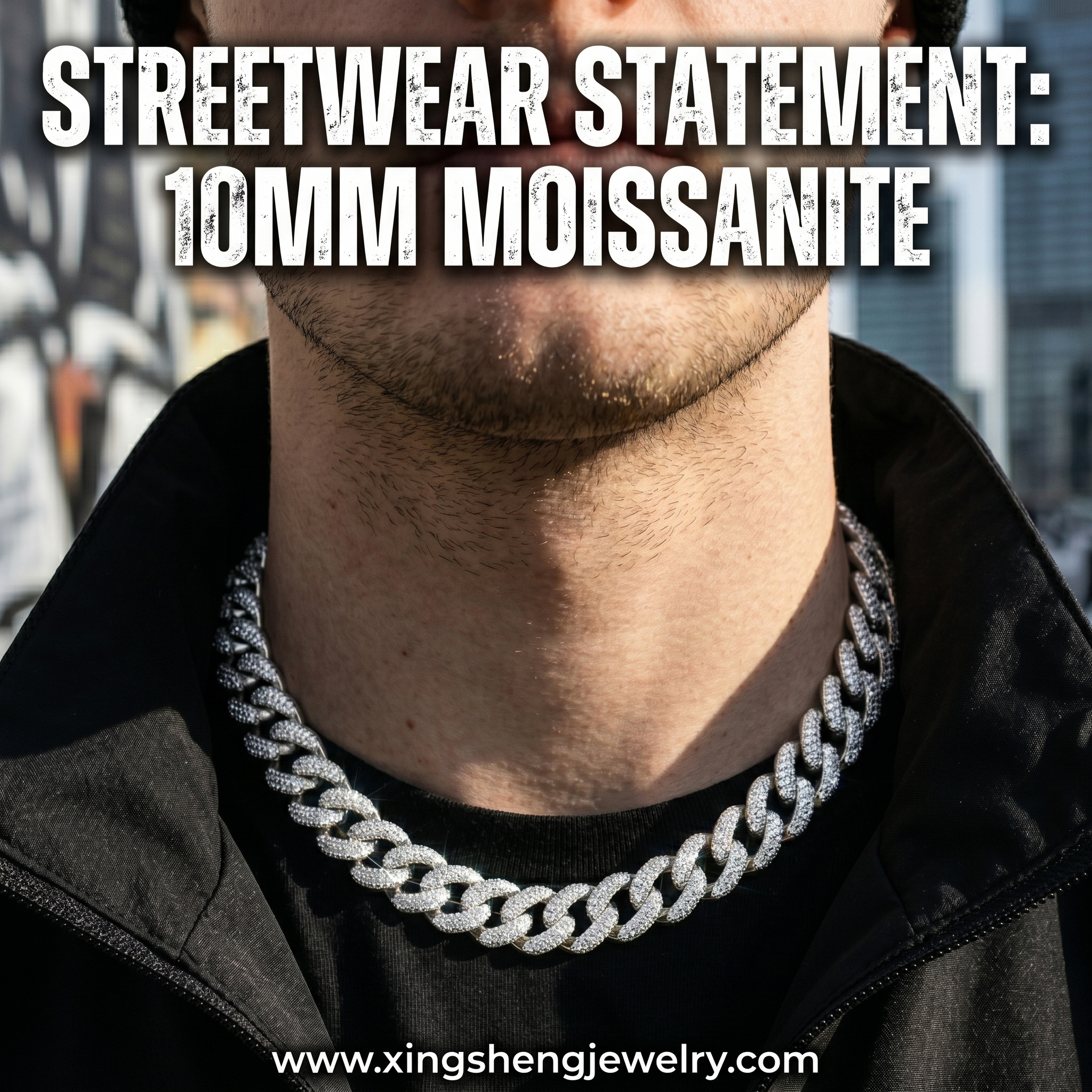 Male model showcasing modern streetwear fashion by wearing a heavy, iced-out 10mm moissanite Cuban link necklace, demonstrating the perfect collarbone drape and bold aesthetic.