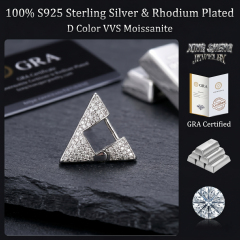 Front profile view of 10mm geometric huggie earrings featuring round-cut D-color moissanite set in rhodium-plated S925 sterling silver, displayed alongside an official GRA certification booklet and silver bullion.