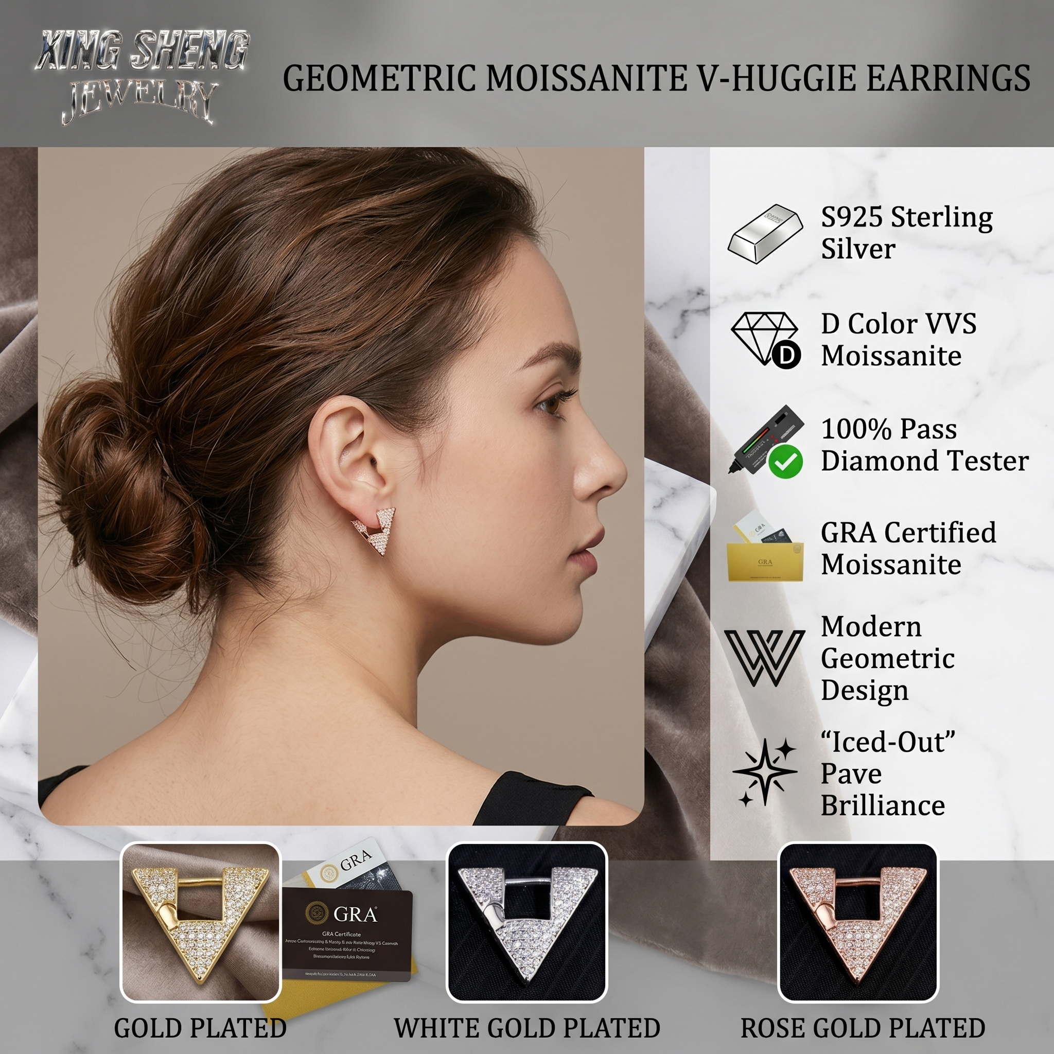 Feature list for modern geometric iced-out earrings, emphasizing S925 sterling silver base, D-Color VVS moissanite, GRA certification, and the ability to pass a standard diamond tester 100 percent of the time.