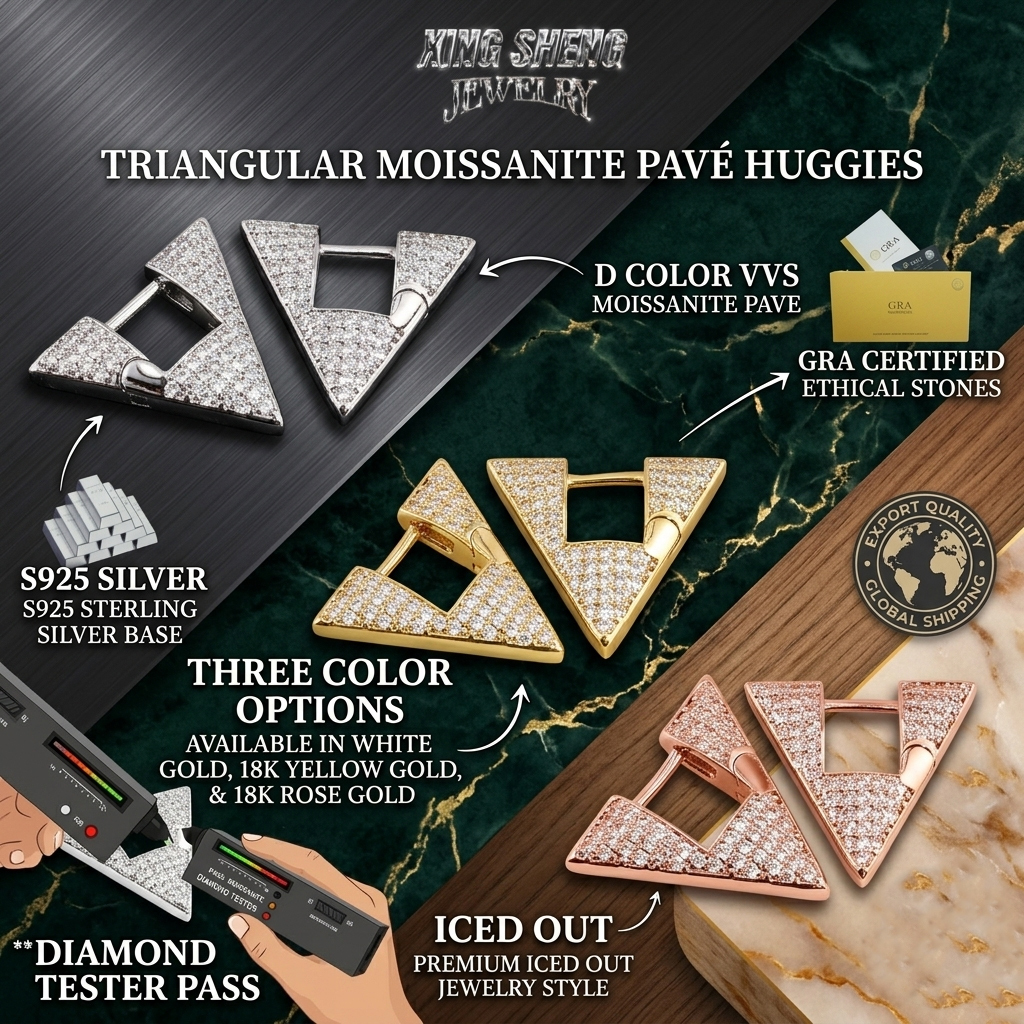 Infographic showcasing triangular moissanite pavé huggies in three color finishes—white gold, 18K yellow gold, and 18K rose gold—highlighting ethical stones and a successful diamond tester pass.