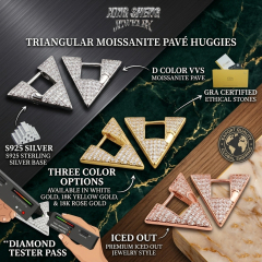Infographic showcasing triangular moissanite pavé huggies in three color finishes—white gold, 18K yellow gold, and 18K rose gold—highlighting ethical stones and a successful diamond tester pass.