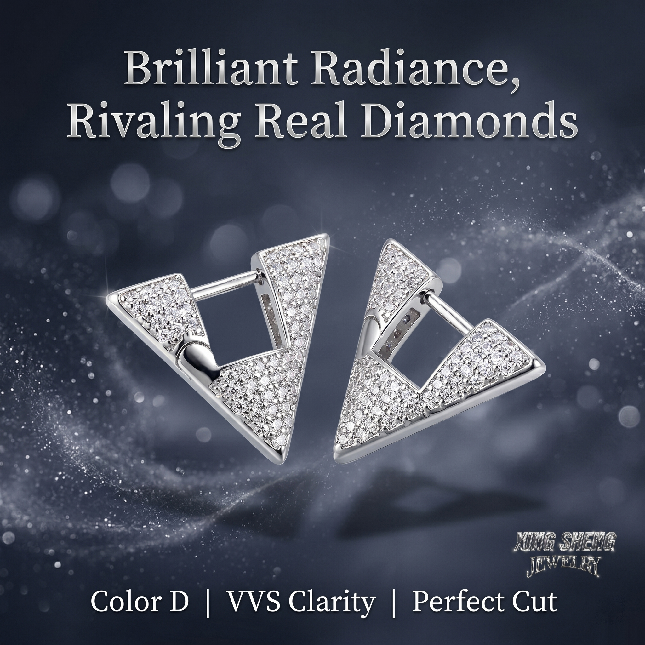 Close-up of VVS1 clarity brilliant-cut moissanite stones sparkling in a geometric sterling silver huggie setting, demonstrating perfect cut and radiance rivaling real natural diamonds.