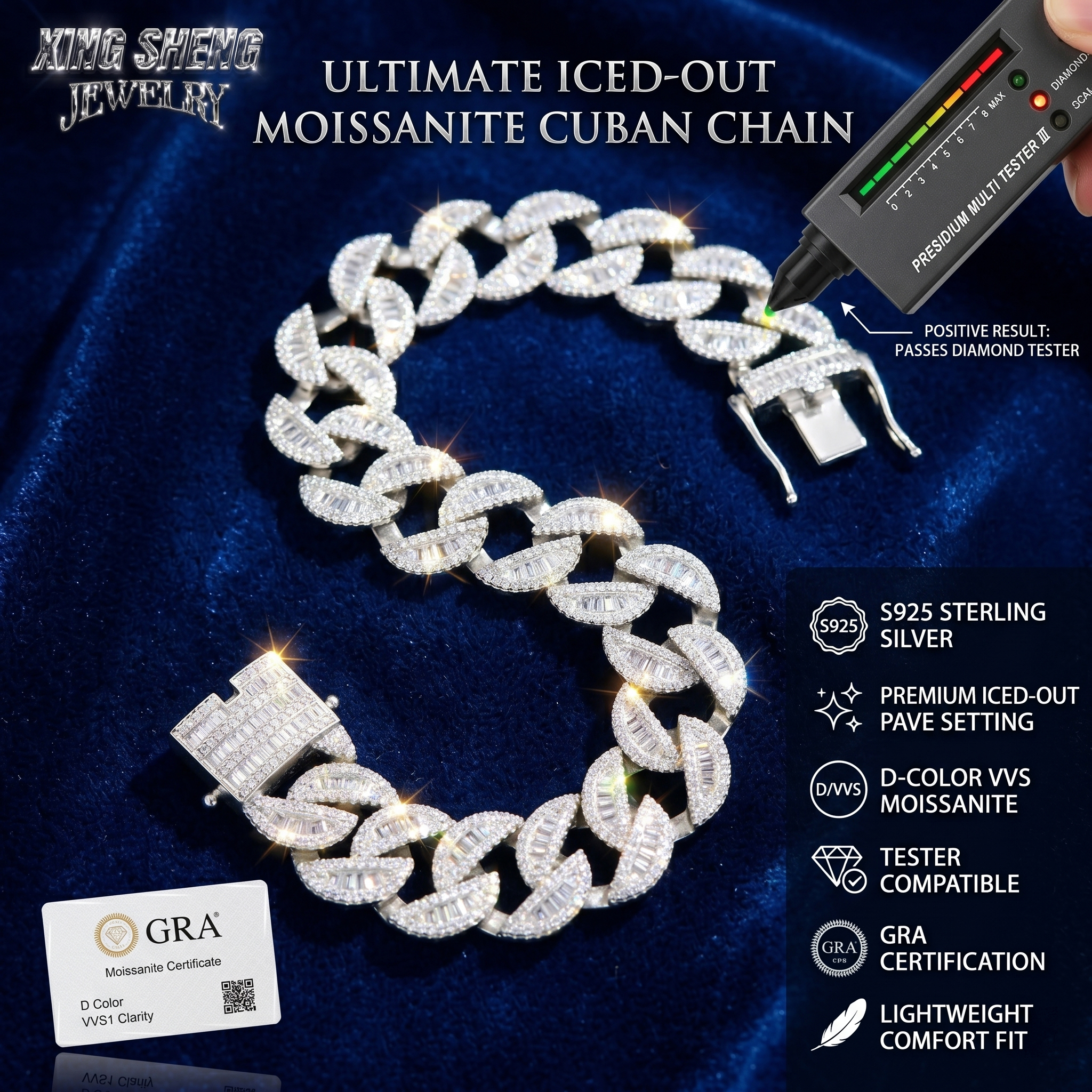12mm moissanite Cuban link necklace in S925 silver featuring baguette and round cut stones passing a thermal diamond tester.
