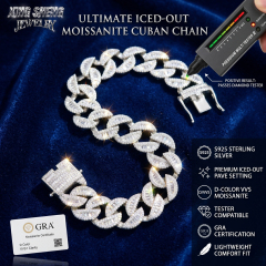 12mm moissanite Cuban link necklace in S925 silver featuring baguette and round cut stones passing a thermal diamond tester.
