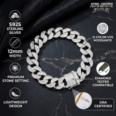 Graphic showing the 12mm width and lightweight design profile of the D-color VVS moissanite sterling silver Cuban chain.