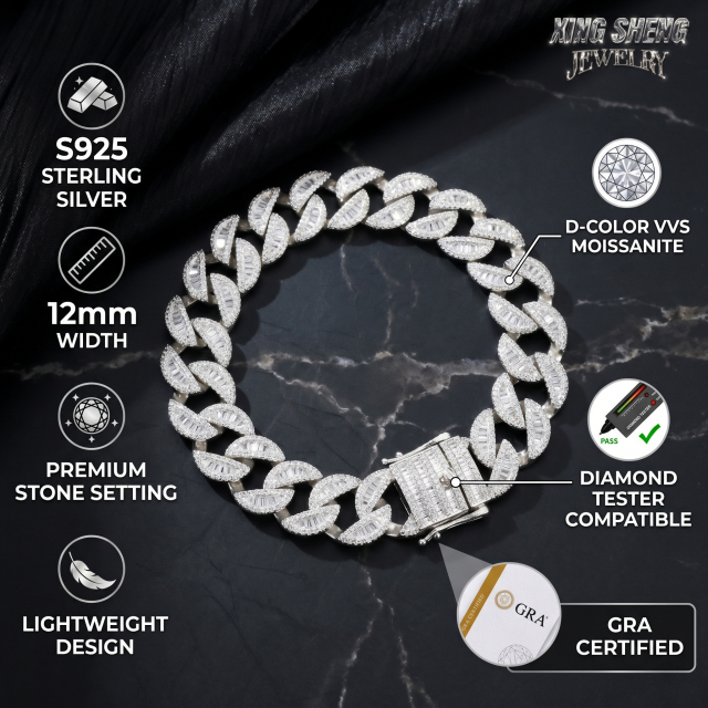 Graphic showing the 12mm width and lightweight design profile of the D-color VVS moissanite sterling silver Cuban chain.