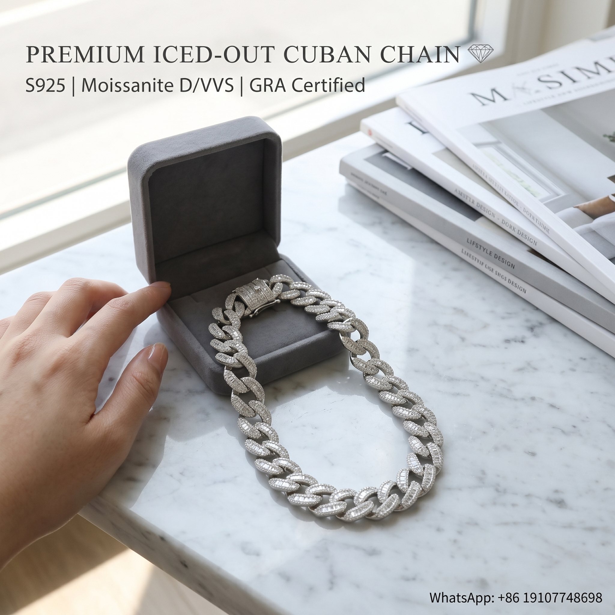 Premium luxury velvet jewelry box displaying a 12mm moissanite Cuban link chain alongside its official GRA gemological certificate.