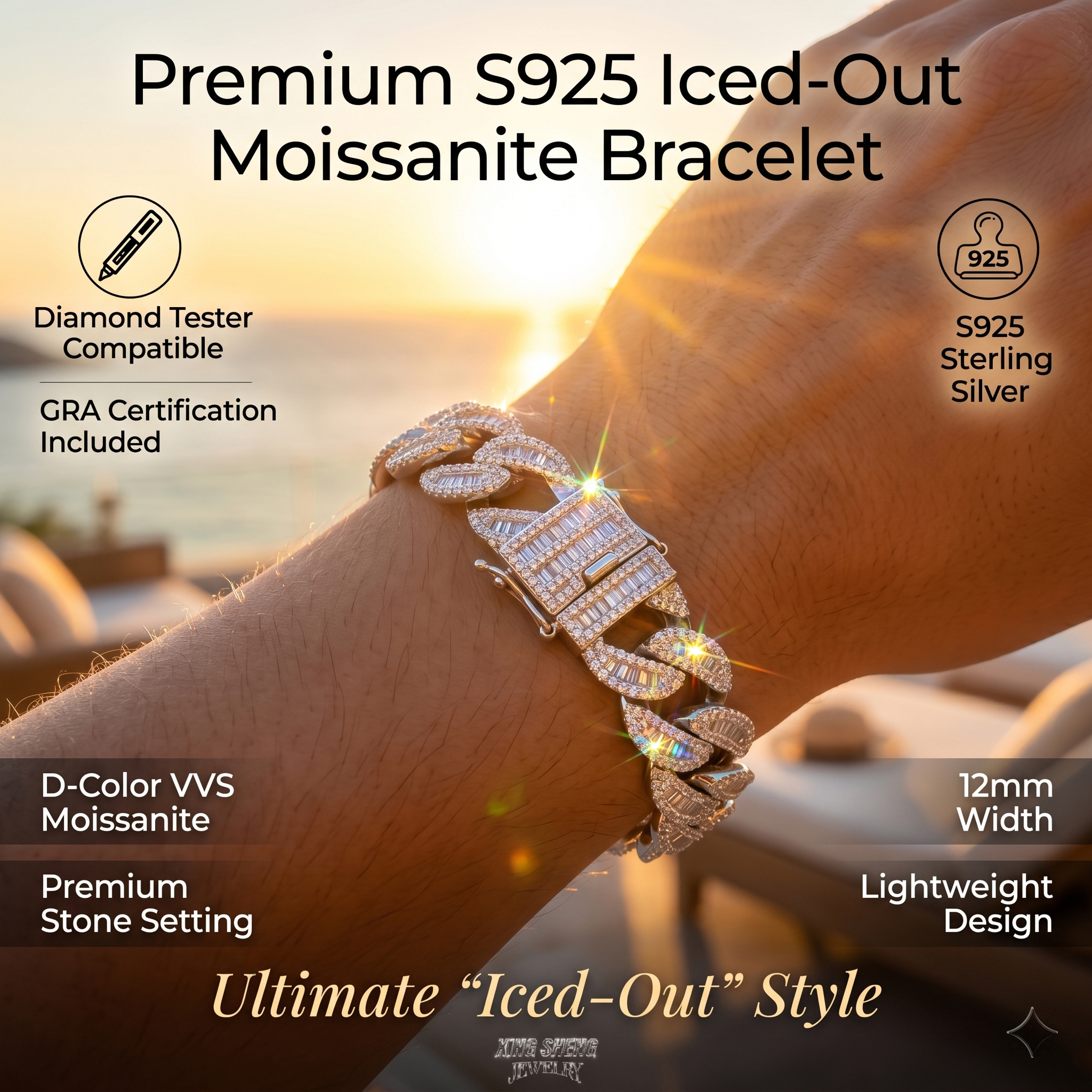 Male model wearing a 12mm moissanite Cuban link bracelet in the sunlight demonstrating the ultimate iced-out style.