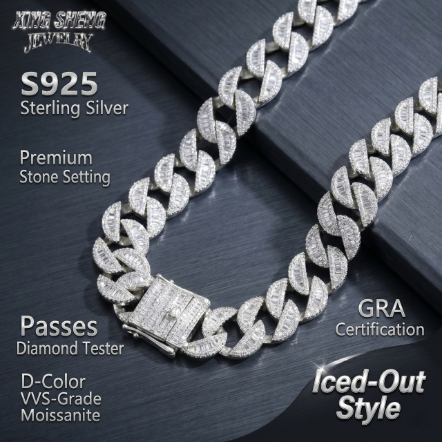 Close up of the premium stone setting on the S925 sterling silver moissanite Cuban link chain passing a diamond tester.