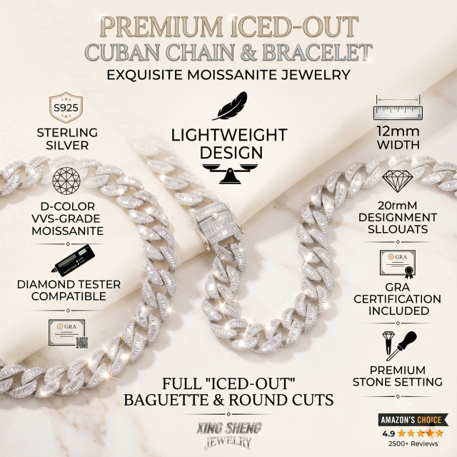 Infographic detailing the lightweight design, 12mm width, S925 sterling silver, and D-color VVS moissanite specifications.