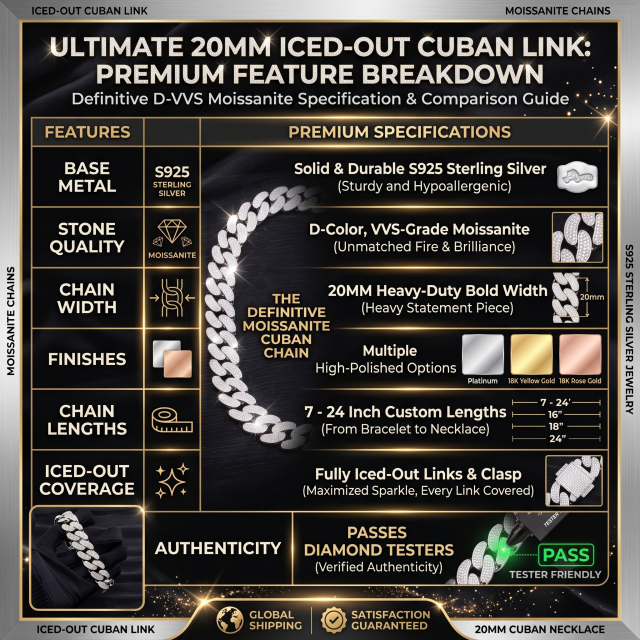 Infographic of 20mm moissanite Cuban chain features, highlighting the S925 silver base, VVS D-color stones, and tester results.