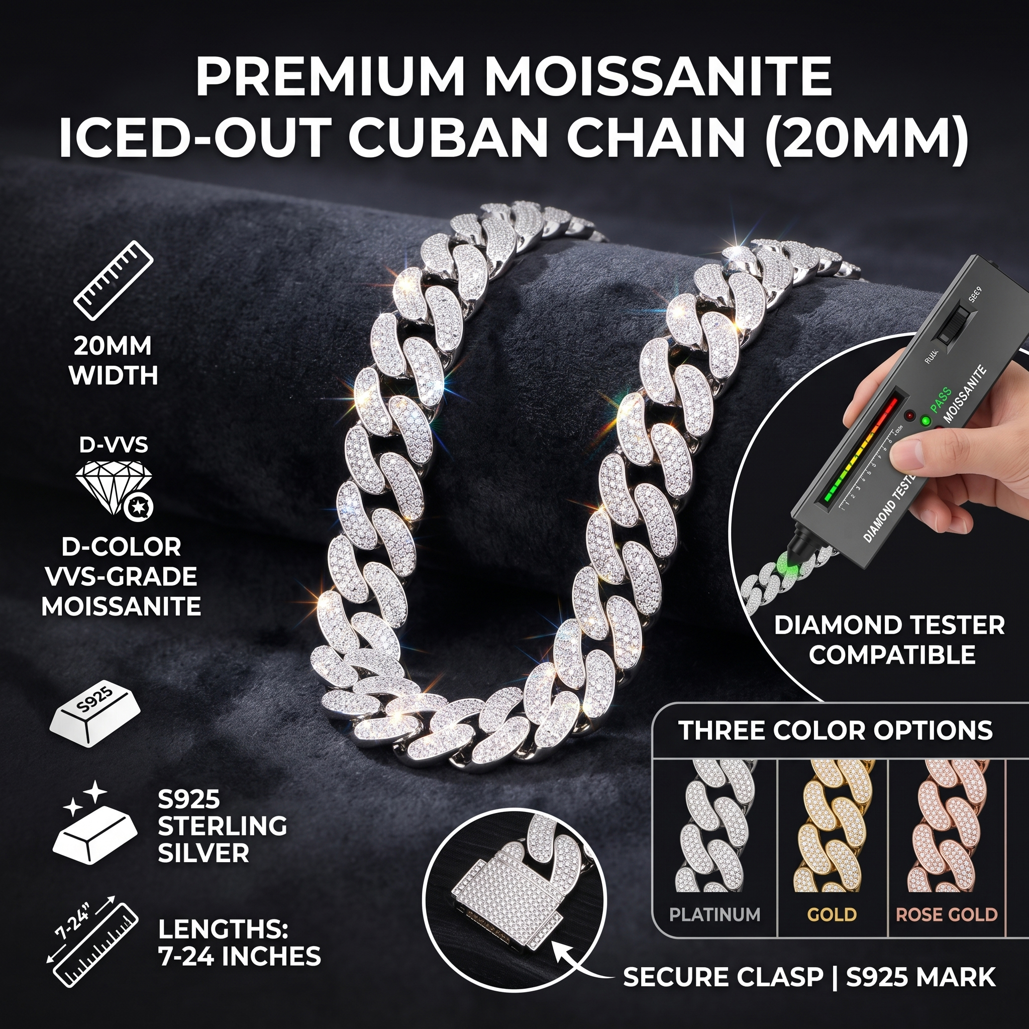 A premium 20mm moissanite Cuban link chain resting on black velvet, demonstrating a successful pass on a handheld diamond tester verifying the D-color VVS stones.