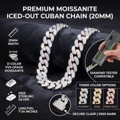 A premium 20mm moissanite Cuban link chain resting on black velvet, demonstrating a successful pass on a handheld diamond tester verifying the D-color VVS stones.