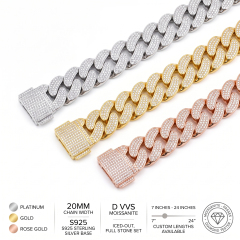 Three variations of the 20mm moissanite Cuban link chain laid flat to display the intricate, fully iced box clasps in silver, gold, and rose gold finishes.