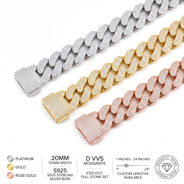 Three variations of the 20mm moissanite Cuban link chain laid flat to display the intricate, fully iced box clasps in silver, gold, and rose gold finishes.
