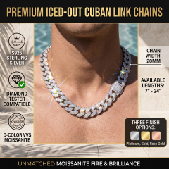 A male model wearing the massive 20mm moissanite Cuban link chain, highlighting the extreme sparkle of the D-VVS stones and the solid S925 sterling silver hallmark.