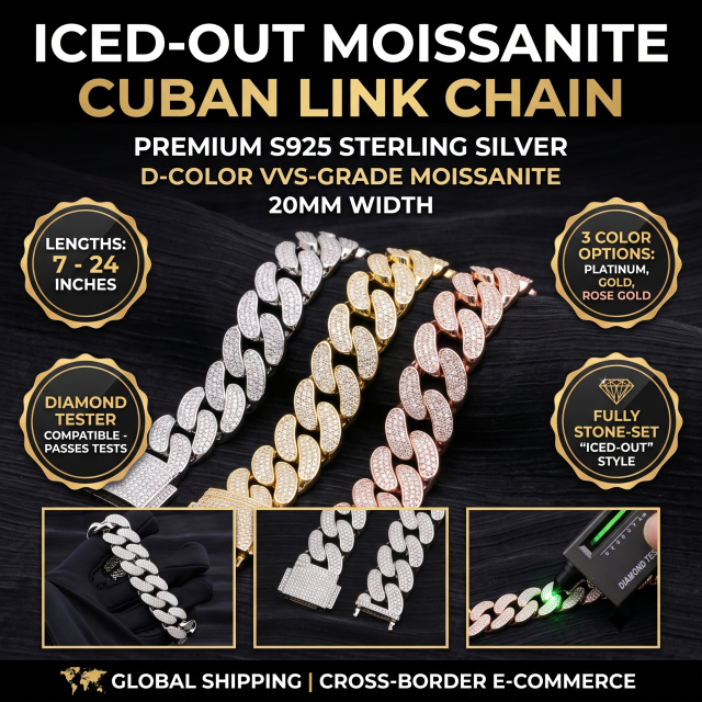 A detailed collage showcasing the heavy-duty locking mechanism of a 20mm moissanite Cuban link bracelet, passing a thermal diamond tester with global shipping available.