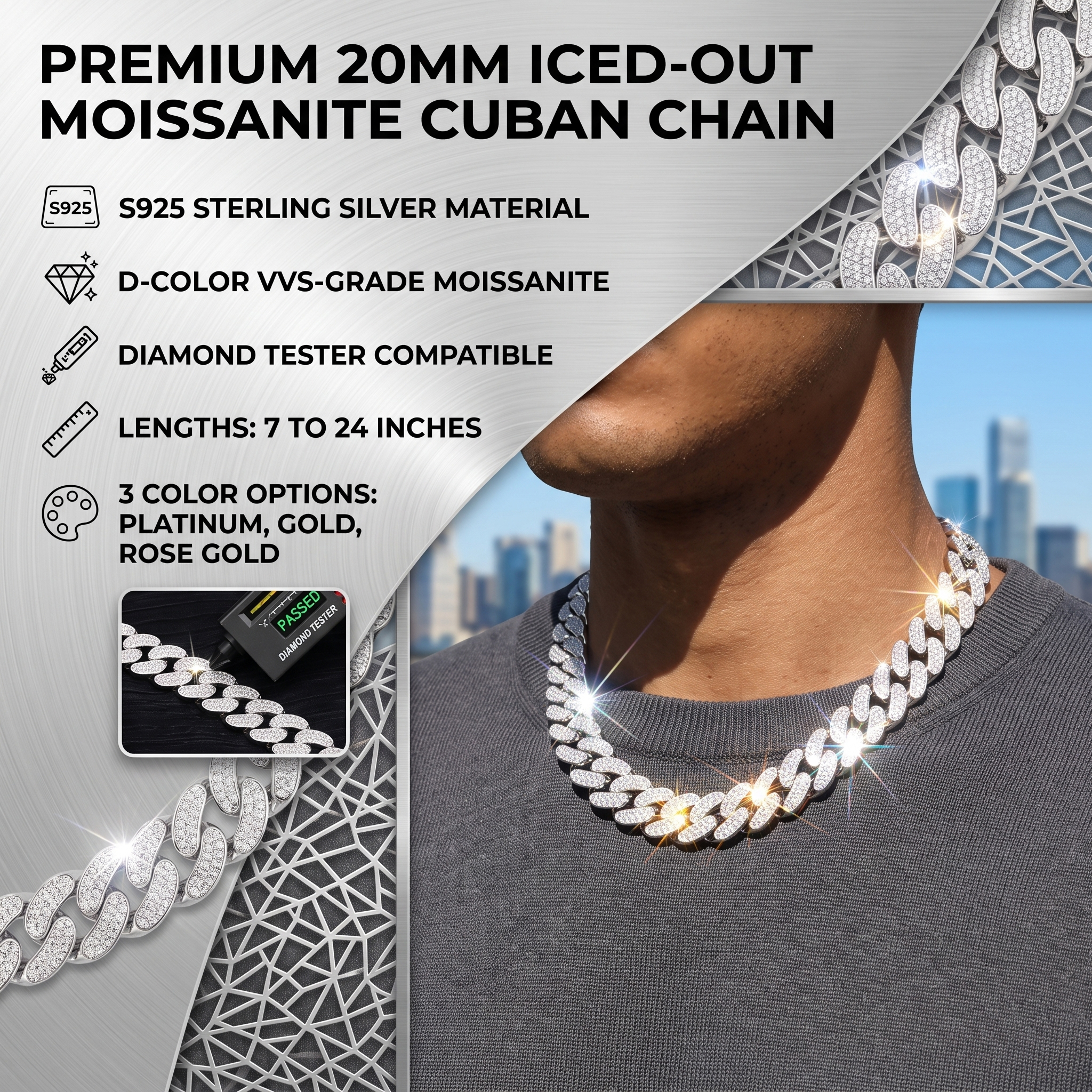 A side profile view of a model wearing the chain, highlighting the extreme structural thickness and solid metal weight of the 20mm moissanite Cuban link against the collarbone.