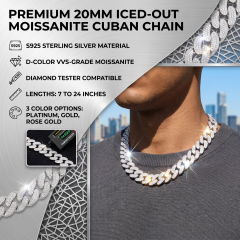 A side profile view of a model wearing the chain, highlighting the extreme structural thickness and solid metal weight of the 20mm moissanite Cuban link against the collarbone.