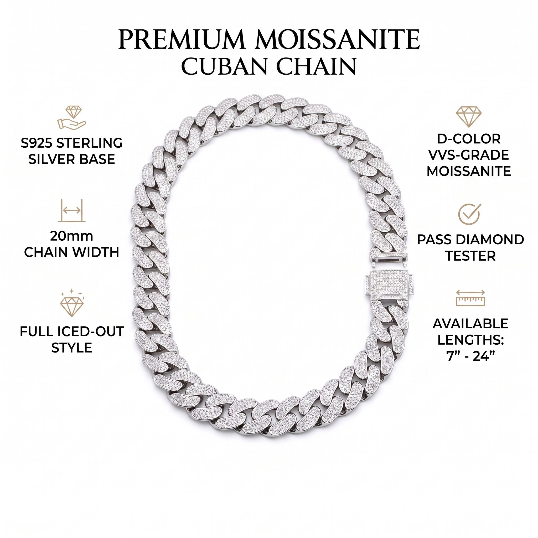A top-down, full-circle view of the heavy 20mm moissanite Cuban link necklace, illustrating the seamless articulation and high-polish finish of the S925 silver links.