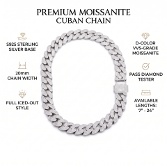 A top-down, full-circle view of the heavy 20mm moissanite Cuban link necklace, illustrating the seamless articulation and high-polish finish of the S925 silver links.