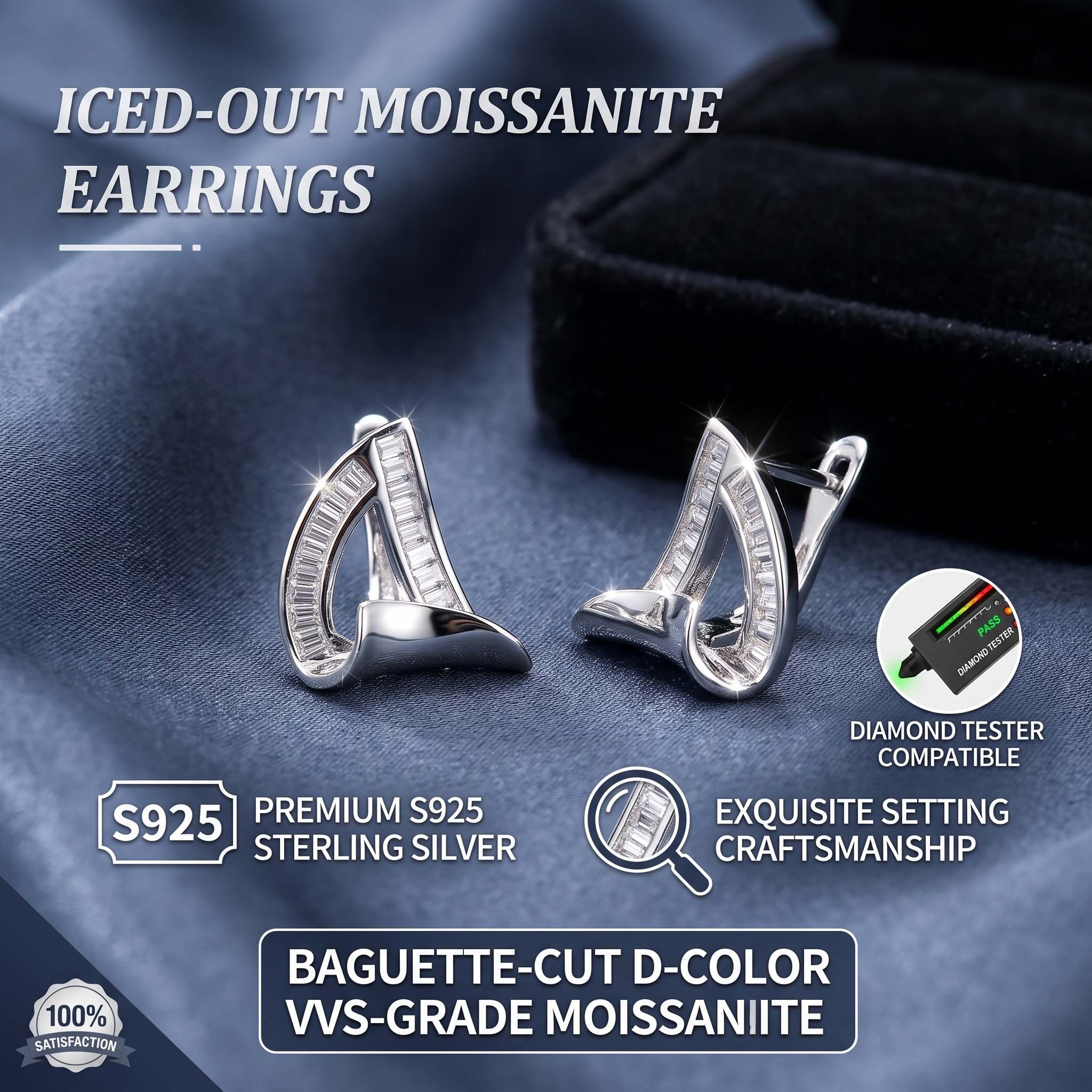 Two premium baguette-cut moissanite earrings resting on a dark blue silk background, emphasizing the D-color VVS-grade brilliance and diamond tester compatibility.
