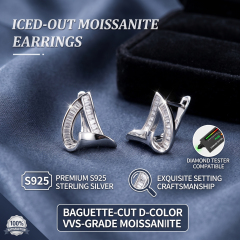 Two premium baguette-cut moissanite earrings resting on a dark blue silk background, emphasizing the D-color VVS-grade brilliance and diamond tester compatibility.