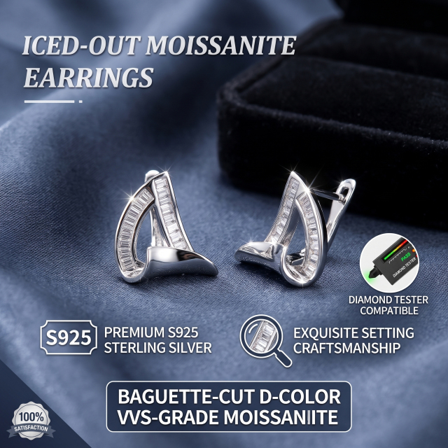 Two premium baguette-cut moissanite earrings resting on a dark blue silk background, emphasizing the D-color VVS-grade brilliance and diamond tester compatibility.
